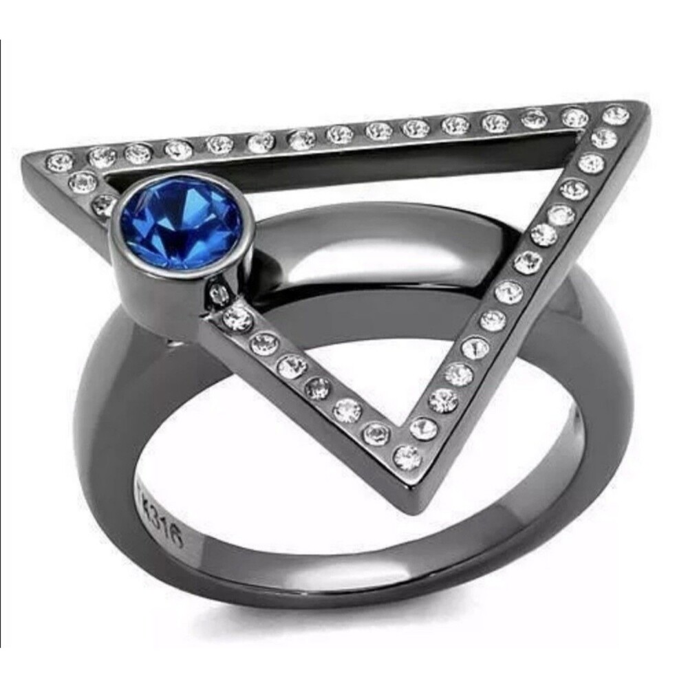 Art Deco Inspired Geometric Ring Triangle Gunmetal Blue Crystal Stainless Steel